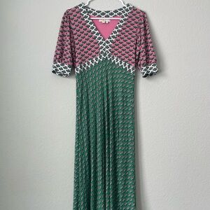 Boden Eva Jersey Midi Pink and Green Patterned V‑Neck Dress Women’s Size 6R